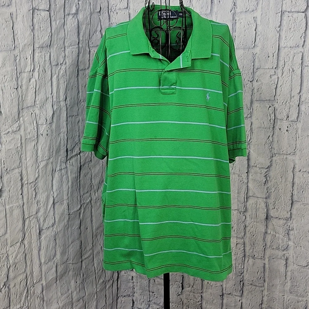 VINTAGE POLO‎ BY RALPH LAUREN Blue/Green Striped Men's 2 Button Polo Shirt XXL